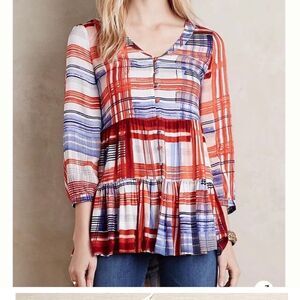 (BOGO FREE) Anthropologie maeve lila tiered tunic blouse blue red sz XS